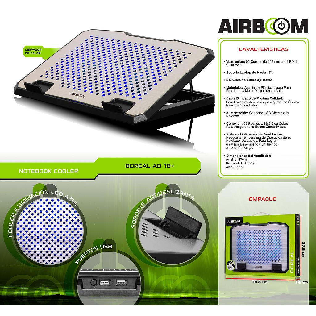COOLER LAPTOP 17" BOREAL+ AB 18+ BASE CON COOLER 2FAN LED 14CM AIRBOOM