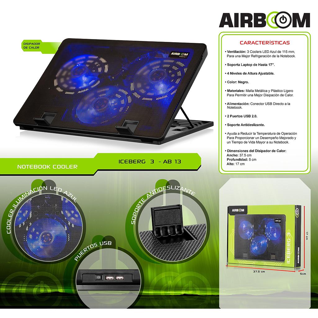 COOLER LAPTOP 17P&quot; ICEBERG 3 AB13 3FAN LED 12CM AIRBOOM