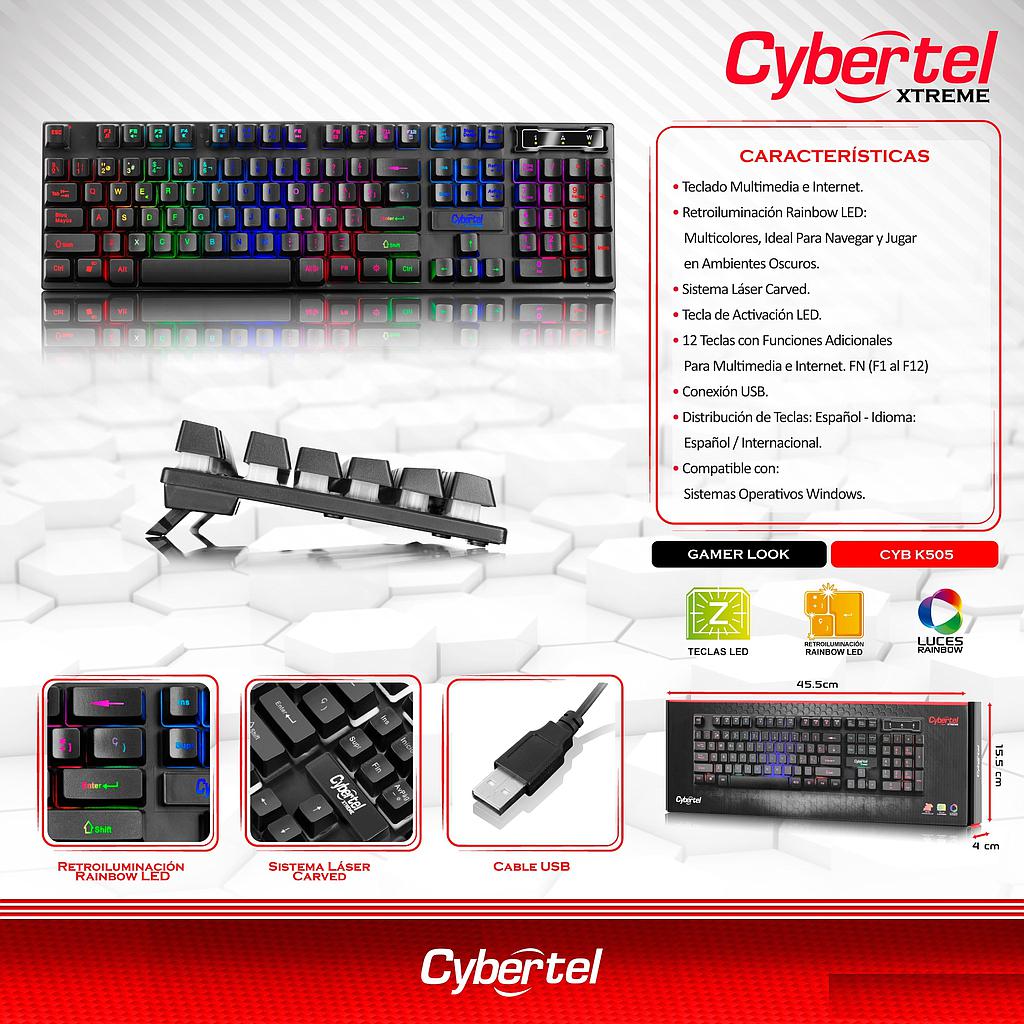TECLADO GAMER USB LED XTREME BLACK CYB K505 CYBERTEL