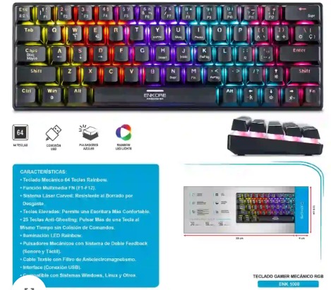 TECLADO GAMER MECANICO USB KINGDOM 64 ENK1008 RAINBOW ENKORE