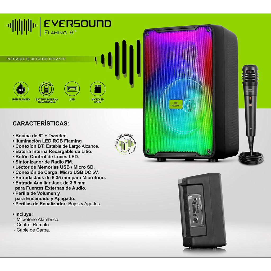 PARLANTE PORTATIL FLAMING 8&quot; EV3000 TW RGB BT MIC FM mSD/USB LI-BAT 3