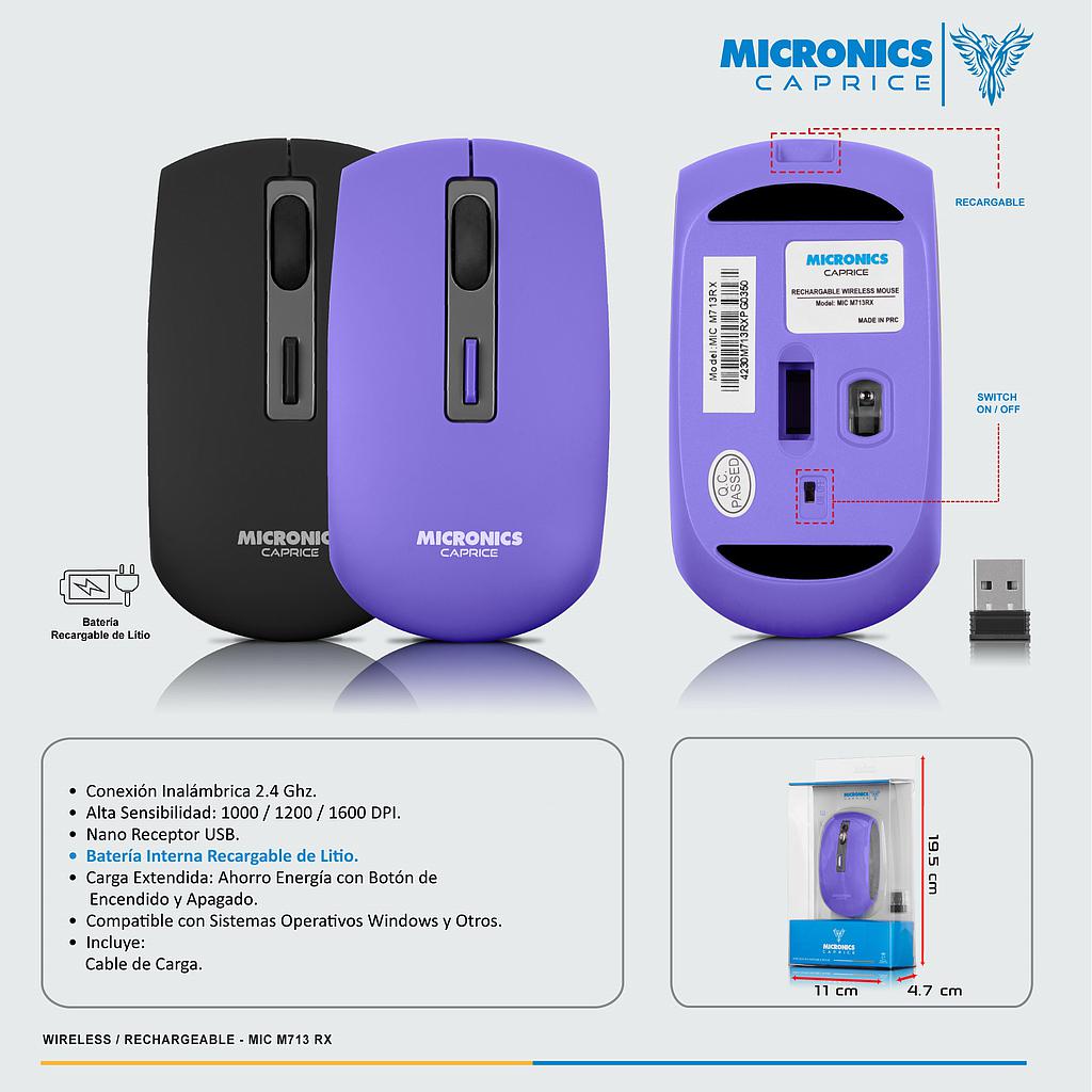 MOUSE WIFI RECARGABLE CAPRICE BLACK MIC M713-3M MICRONICS