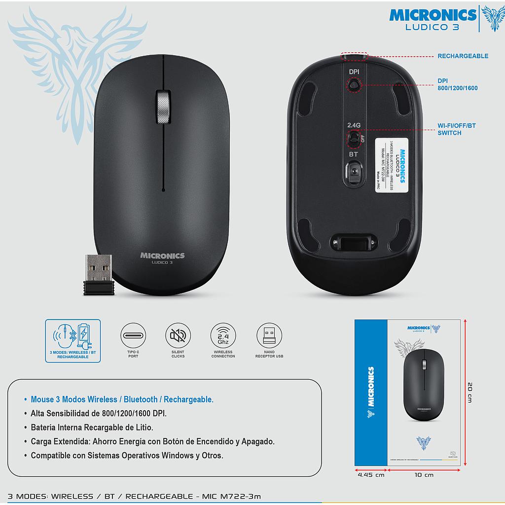 MOUSE WIFI RECARGABLE LUDICO NEGRO Y BLANCO MIC M722-3M MICRONICS