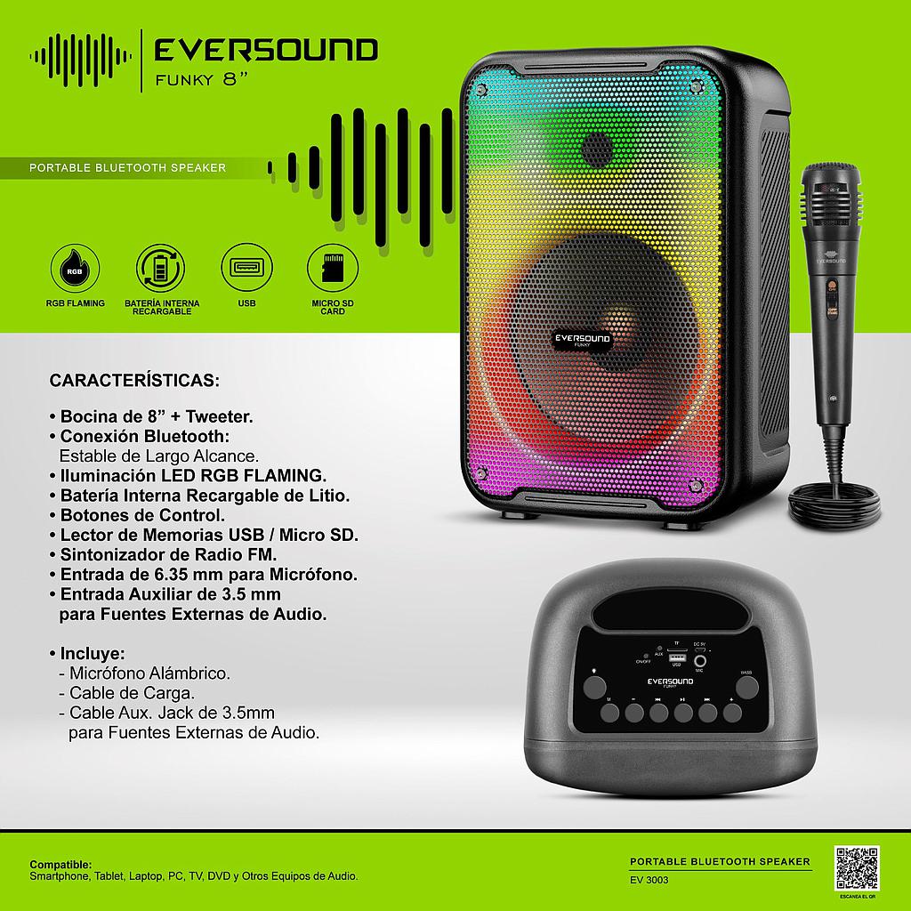 PARLANTE PORTATIL FUNKY 8" EV3003 LED BT FM USB microSD BAT-LIT 3.7V/1