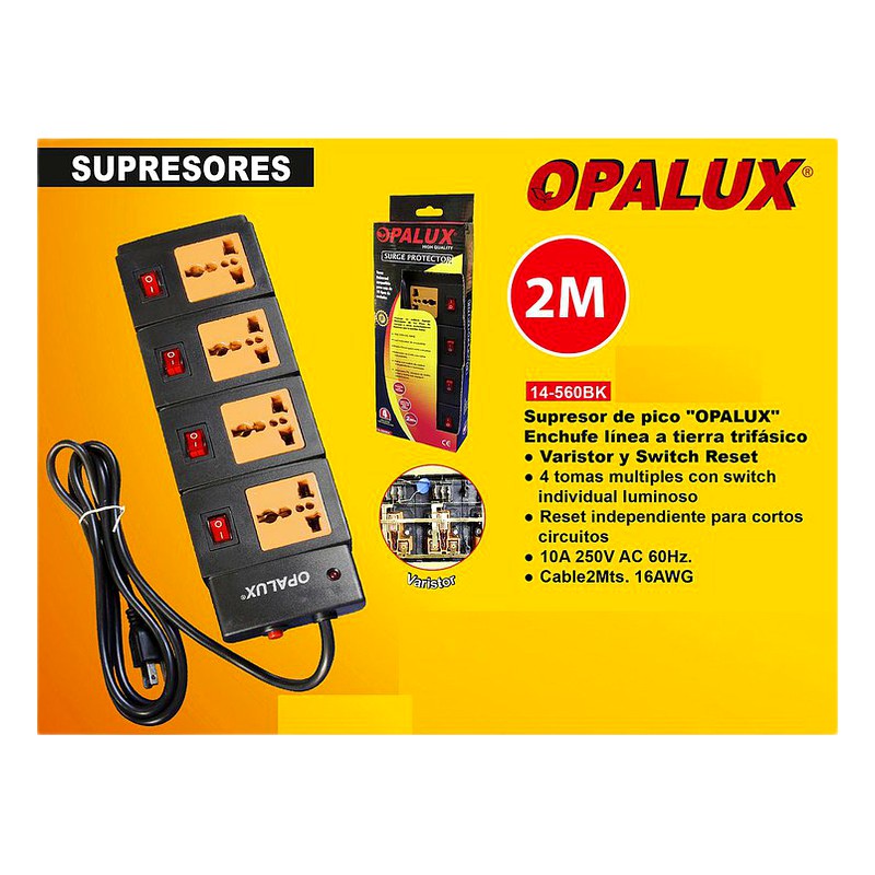 SUPRESOR DE PICOS OPALUX 4 TOMAS 10 AMP T/MULTIPLES 14-560BK 2MTS LOCAL 5